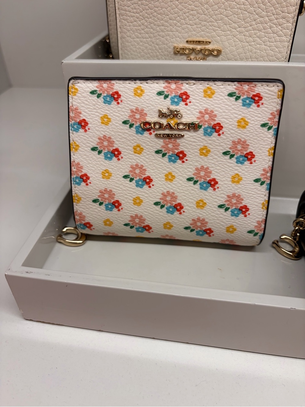 Coach Floral Compact Wallet - White with Red, Pink, Yellow & Blue Accents